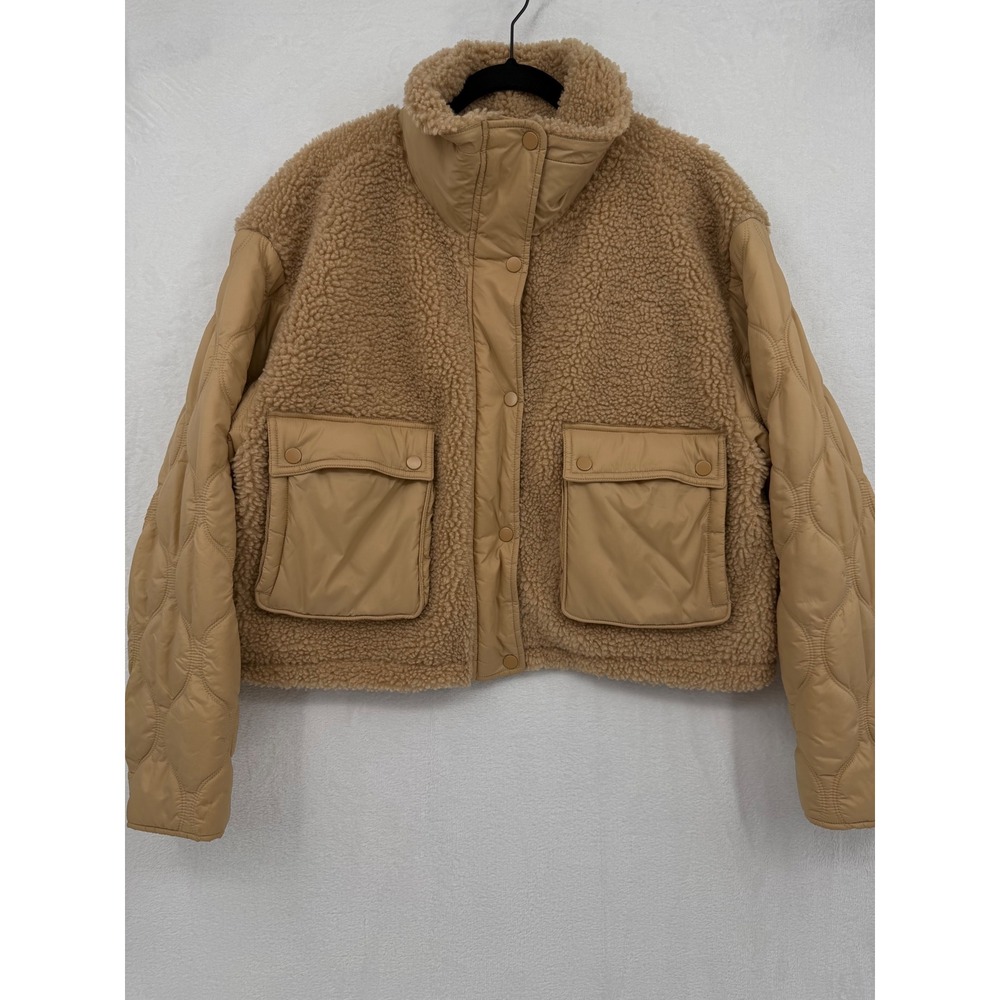 Athleta Women Tan Mixed Media Sherpa Quilted Puffer Jacket L Cabin Cozy Warm